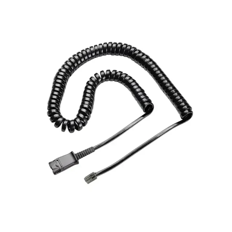 Poly U10P-S coiled headset cable with gloss black spring wire loops, molded QD connector, and modular RJ9 telephone jack.