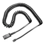 Poly U10P-S19 cable with glossy black coiled wire loops, molded QD connector housing, and modular RJ9 telephone jack.