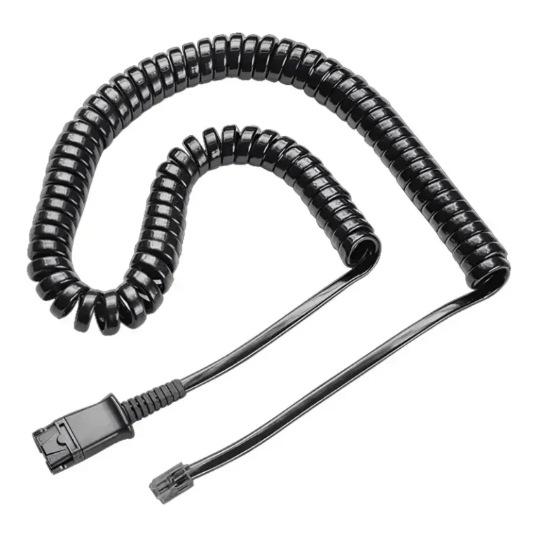 Poly U10P-S19 cable with glossy black coiled wire loops, molded QD connector housing, and modular RJ9 telephone jack.