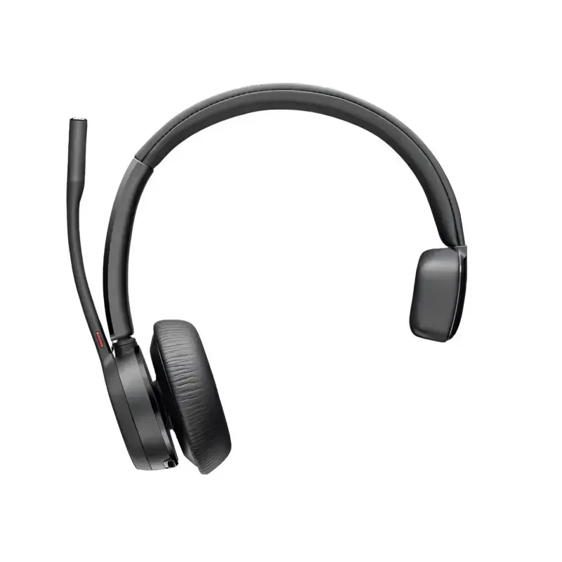 Poly Voyager 4310 M Teams USB-C headset with monaural leatherette ear cushion, padded headband, and upright boom mic. Poly Voyager 4310 M Teams USB-C headset with monaural leatherette ear cushion, padded headband, and upright boom mic.