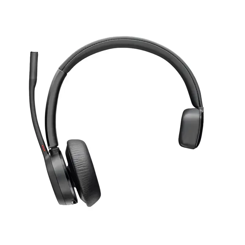 Poly Voyager 4310 UC USB-C headset with monaural leatherette ear cushion, padded headband, and upright boom mic. Poly Voyager 4310 UC USB-C headset with monaural leatherette ear cushion, padded headband, and upright boom mic.