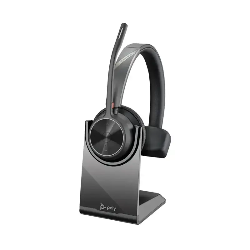Poly Voyager 4310 UC USB-C headset with upright boom microphone resting on a black desktop charging stand.