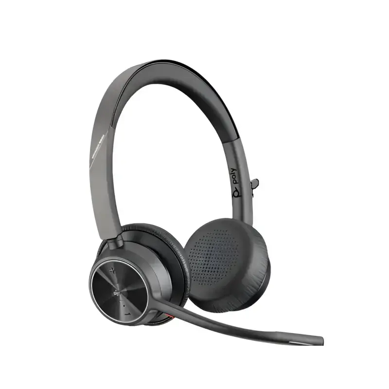 Poly Voyager 4320 M Teams USB-A headset with dual perforated leatherette ear cushions, outer dial, and forward mic.