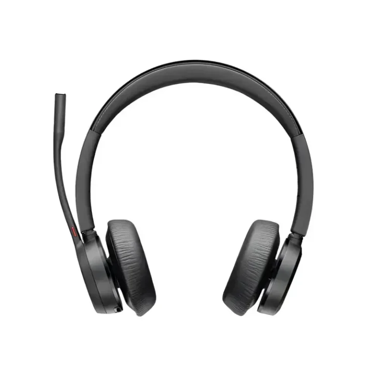 Poly Voyager 4320 M Teams USB-C headset with dual leatherette ear cushions, padded headband, and upright boom mic.
