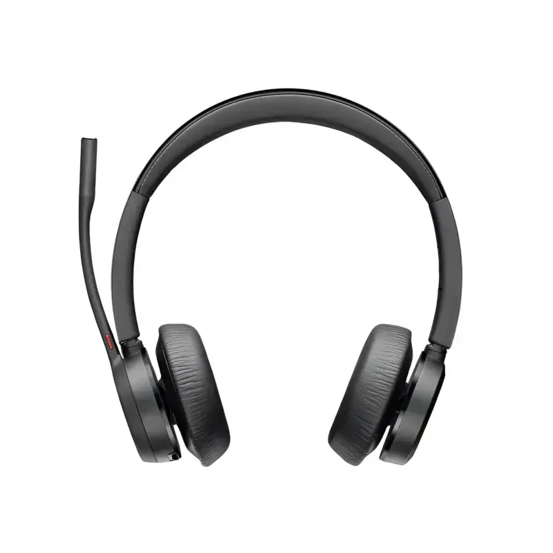 Poly Voyager 4320 M Teams USB-C headset with dual leatherette ear cushions, padded headband, and upright boom mic. Poly Voyager 4320 M Teams USB-C headset with dual leatherette ear cushions, padded headband, and upright boom mic.