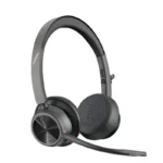 Poly Voyager 4320 UC USB-A headset with dual perforated leatherette ear cushions, outer dial, and forward mic.
