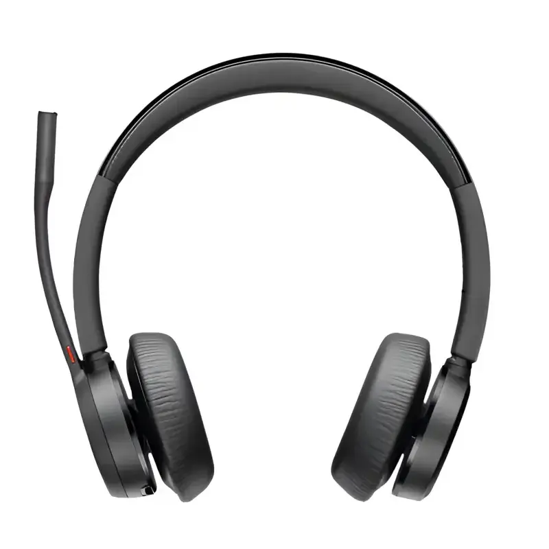 Poly Voyager 4320 UC wireless stereo headset in black with adjustable headband and boom microphone. Poly Voyager 4320 UC wireless stereo headset in black with adjustable headband and boom microphone.