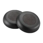 Poly Voyager Focus 2 headset replacement ear cushions with black leatherette casing and concentric grid perforations.
