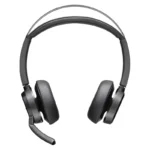 Poly Voyager Focus 2 USB-A Teams headset with textured leatherette ear cushions, padded headband, and boom mic.