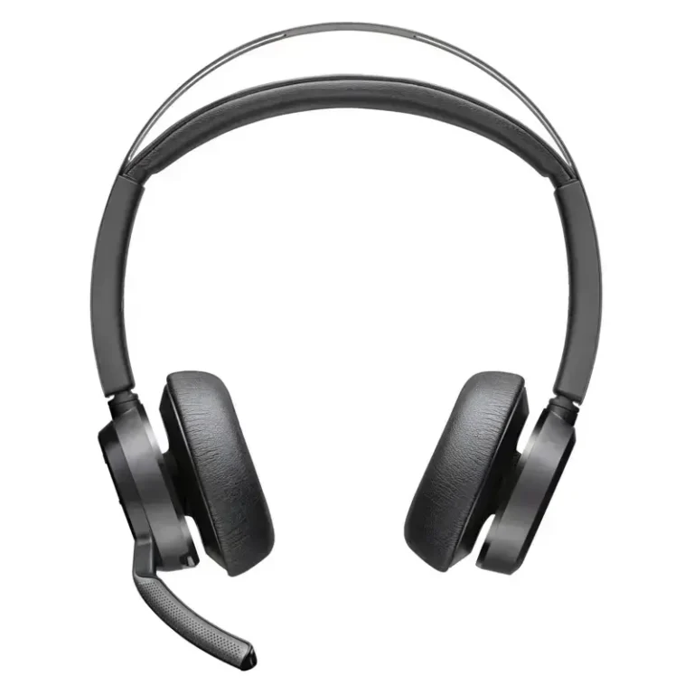 Poly Voyager Focus 2 USB-A Teams headset with textured leatherette ear cushions, padded headband, and boom mic.