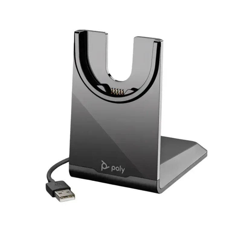 Poly Voyager USB-A charging stand with vertical glossy black dock panel, gold contact pins, and attached cable.