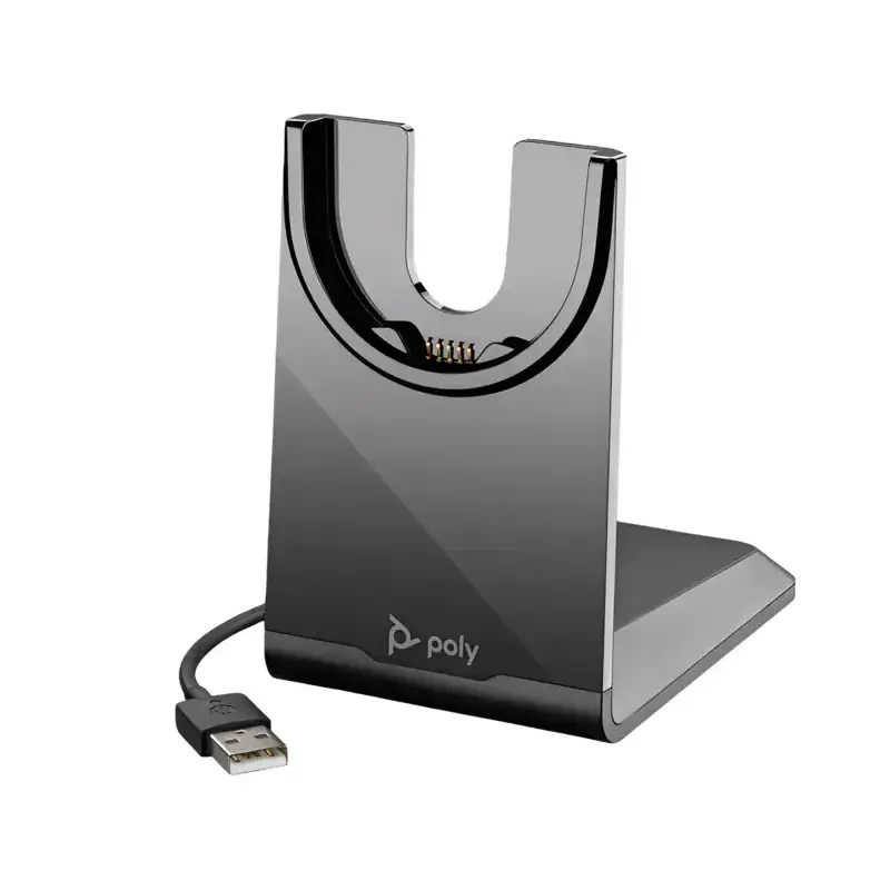 Poly Voyager USB-A charging stand with vertical glossy black dock panel, gold contact pins, and attached cable. Poly Voyager USB-A charging stand with vertical glossy black dock panel, gold contact pins, and attached cable.