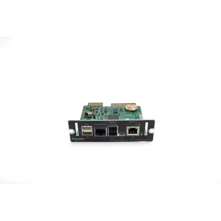 Schneider Electric AP9643 Network Management Card 3 with dual USB ports Universal I/O Modbus and RJ45 ethernet connection.