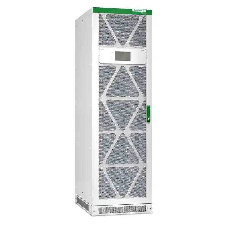 Schneider Electric Easy UPS 3L E3LUPS400KHS showing green top band, triangular grilles, and central interface panel.