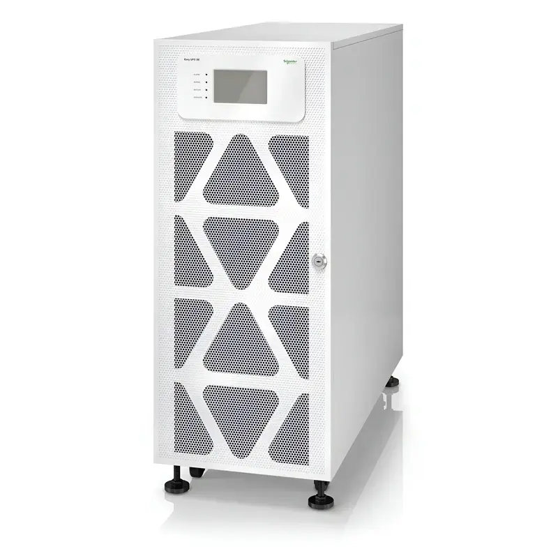 Schneider Electric Easy UPS 3M E3MUPS100KHS showing white tower cabinet, triangular grilles, and deep side profile.
