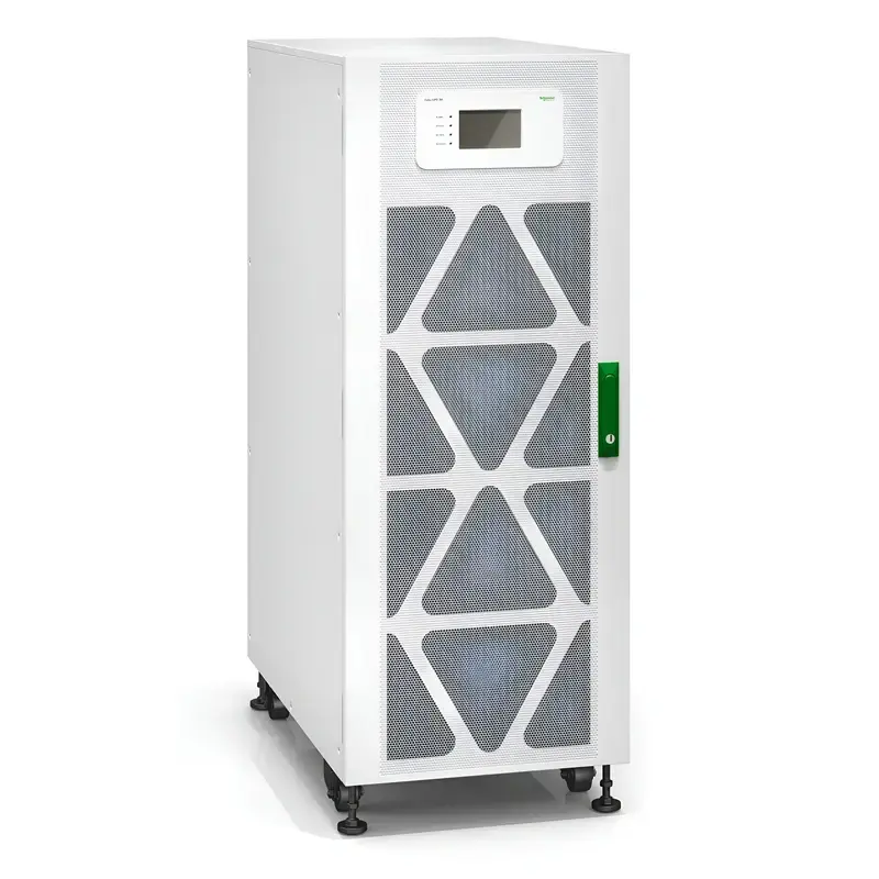 Schneider Electric Easy UPS 3M E3MUPS120KHS showing white tower cabinet, triangular grilles, and green door handle.