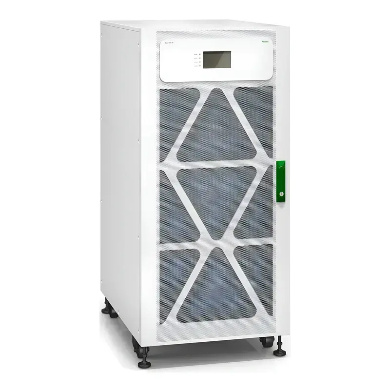 Schneider Electric Easy UPS 3M E3MUPS200KHS showing wide white tower cabinet, triangular grilles, and green door handle.