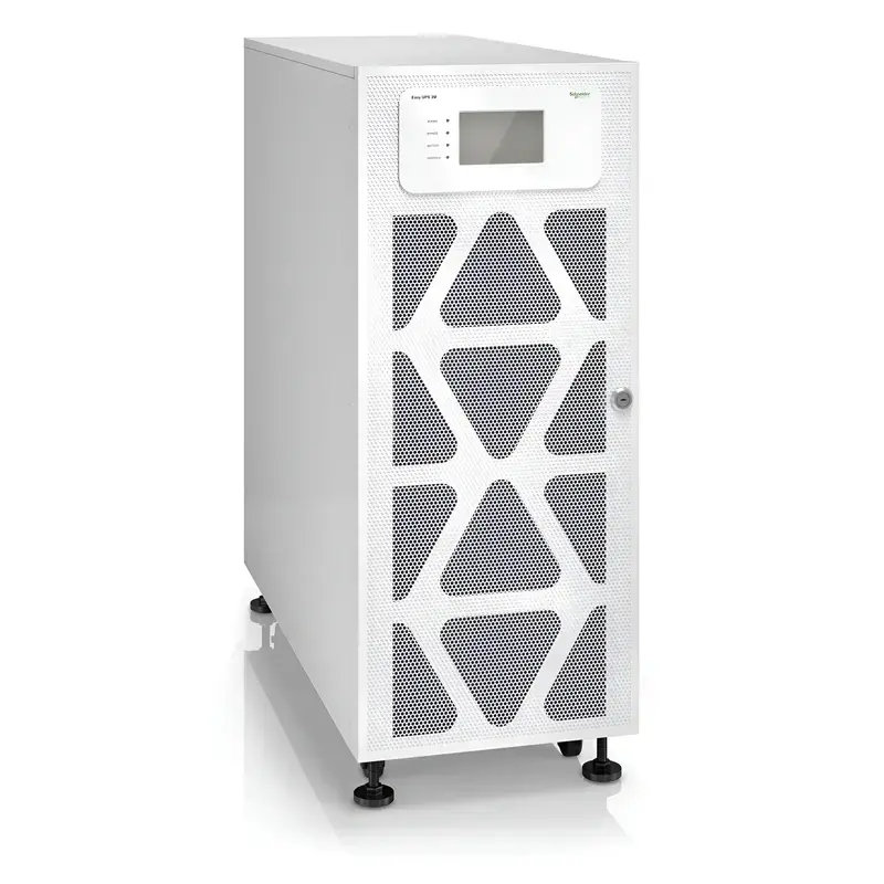 Schneider Electric Easy UPS 3M E3MUPS60KHS showing white cabinet tower, triangular mesh grilles, and front-access interface panel.