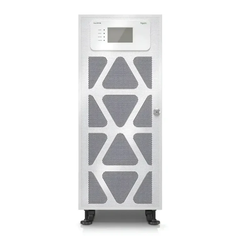 Schneider Electric Easy UPS 3M E3MUPS80KHS showing white cabinet tower, triangular mesh grilles, and front-access interface panel.