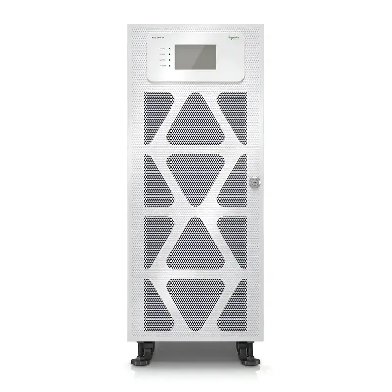 Schneider Electric Easy UPS 3M E3MUPS80KHS showing white cabinet tower, triangular mesh grilles, and front-access interface panel.