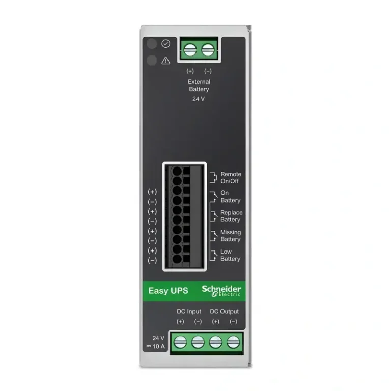 Schneider Electric Easy UPS BVS240XDPDR industrial 24V DIN rail UPS module, front view of panel with screw terminals and indicator icons.