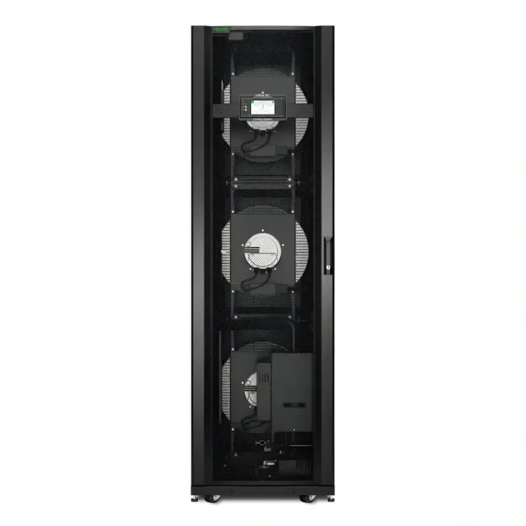 Schneider Electric InRow RC ACRC602 600mm chilled water cooling unit with front digital touch monitoring screen and fan array.