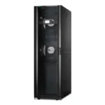 Schneider Electric InRow RD ACRD602 600mm data center cooling unit with digital touch display screen and perforated black server enclosure.