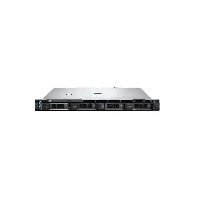 Dell PowerEdge R250 rack server face showing hot-swap drive bays, front status LEDs, and a thin optical drive slot.