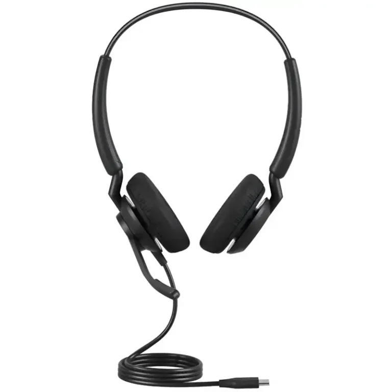 Jabra Engage 40 double-ear headset featuring padded foam ear cushions, a boom microphone, and a coiled USB-C cable.