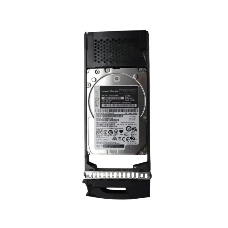 Lenovo 2.4TB SAS HDD enclosed in a hot-swap storage drive caddy tray showing technical spec labels and barcodes.