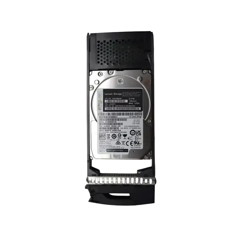 Lenovo 2.4TB SAS HDD enclosed in a hot-swap storage drive caddy tray showing technical spec labels and barcodes.