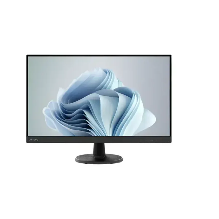 Lenovo C27-40 monitor displaying a blue abstract flower wallpaper, featuring slim bezels and a circular desk stand.