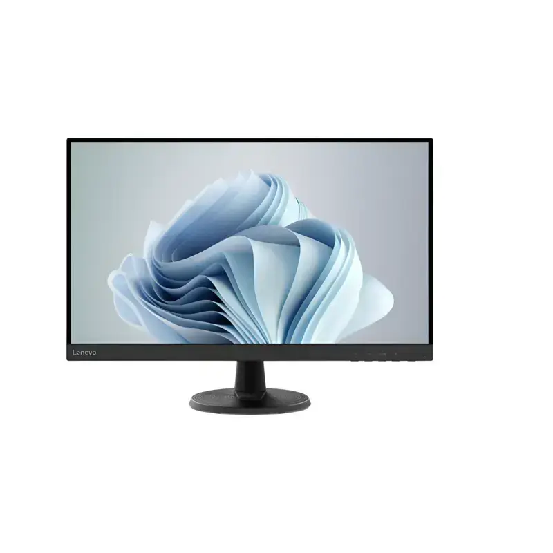 Lenovo C27-40 monitor displaying a blue abstract flower wallpaper, featuring slim bezels and a circular desk stand.