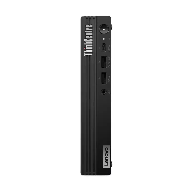 Lenovo ThinkCentre M70q Desktop featuring USB ports, audio jack, and power button on a black ribbed front panel.