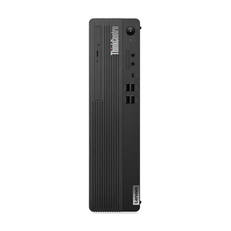 Lenovo ThinkCentre M70s Gen 5 desktop standing vertically, showing a ribbed front grille, USB ports, and optical drive.