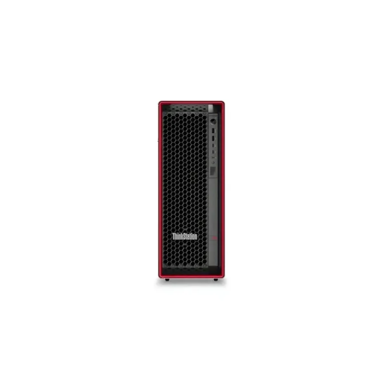Lenovo ThinkStation P5 Tower Workstation featuring a front view with a black honeycomb mesh grille and red border accent.