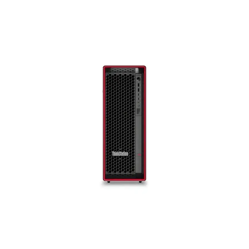 Lenovo ThinkStation P5 Tower Workstation featuring a front view with a black honeycomb mesh grille and red border accent.