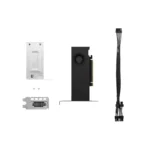 Nvidia RTX 2000 graphics card upgrade kit including blower GPU, power extension cable, mounting brackets, and screws.