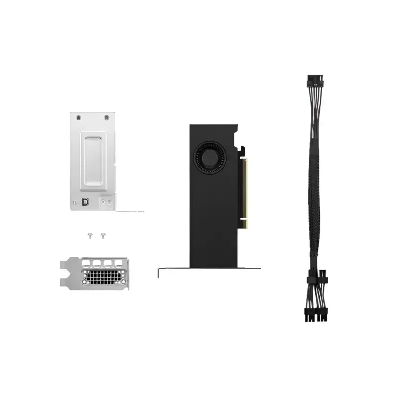 nvidia-rtx-2000-graphics-card-4x61p69962-front Nvidia RTX 2000 graphics card upgrade kit including blower GPU, power extension cable, mounting brackets, and screws.