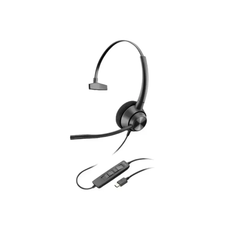 Poly EncorePro 310 single-ear headset with a foam cushion, boom microphone, inline control pod, and USB-C plug.
