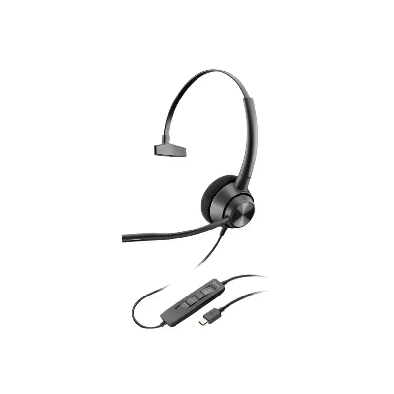 Poly EncorePro 310 single-ear headset with a foam cushion, boom microphone, inline control pod, and USB-C plug.
